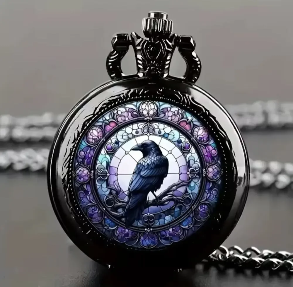 Floral Raven Crow Pocket Watch Necklace Vintage Style Pendant Chain Gothic